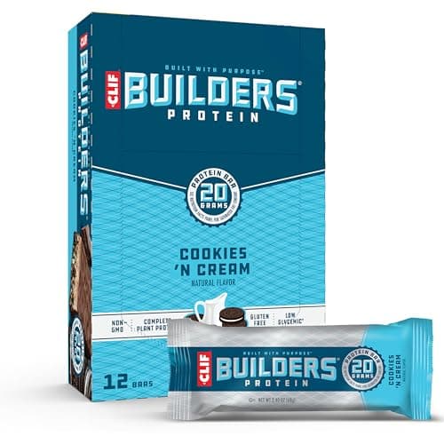 CLIF BUILDERS Protein Bars - Cookies 'n Cream Flavor - 20g Plant Based Protein - Gluten Free - Non-GMO - Low Glycemic - No Artificial Sweeteners - 2.4 oz. (12 Pack)