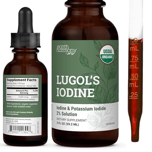 Organic Lugol's Iodine, Iodine and Potassium Iodide 2% Solution 3000 mcg - Liquid Supplement Drops for Thyroid Support for Women & Men, Metabolism Health, Detox Boost - Non-GMO, 395 Servings (2 Oz)