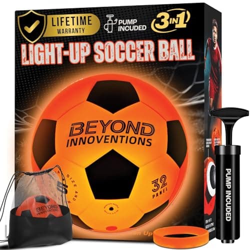 Light Up Soccer Ball - Soccer Gifts for Boys & Girls 8-15+ Year Old- Glow in the Dark Soccer Size 5 | Cool Birthday Gift Ideas for Kids/Teen | Included: Glow Band, Drawstring Bag & Ball Pump
