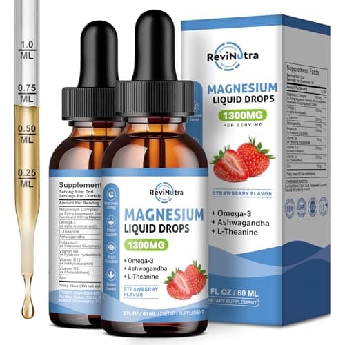 2 Pack Liquid Magnesium Glycinate Drops with Taurate & Citrate, Calm Magnesium with Omega3, L-Theanine, Potassium, Ashwagandha, Vitamin for Sleep, Muscle, Immune Health, Sugar-Free Strawberry Flavor