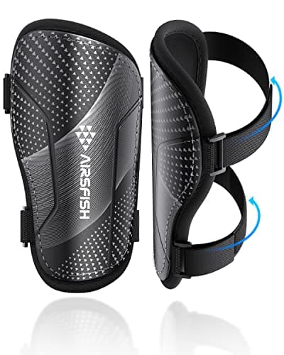 Shin Guards Soccer Kids Youth, CE Certified Airsfish Shin Pads Protection Gear for 2-18 Years Old Boys Girls Teenagers High Impact Resistant Breathable Comfortable 1 Pair 4 Sizes (X-Small, Black)