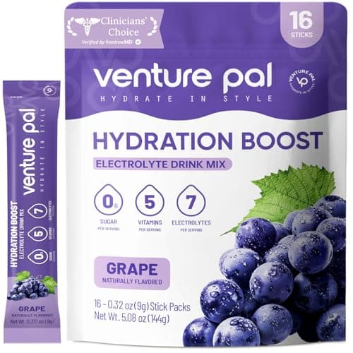 Venture Pal Sugar Free Electrolyte Powder Packets - Liquid Daily IV Drink Mix for Rapid Hydration & Party Recovery | 5 Vitamins & 7 Electrolytes| Keto Friendly | Non-GMO | Certified Vegan | 16 Sticks