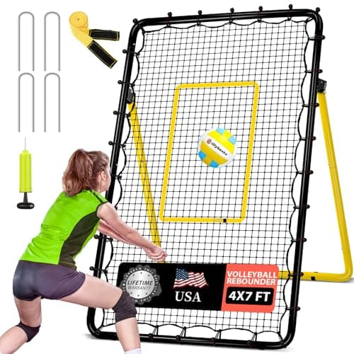 Adjustable Volleyball Rebounder Net 7x4 ft with PU Volleyball and Stakes - Bounce Back Training Equipment for Practicing Volleying, Bumping, Spiking, Easy Set Up & Steady for Multi Sports (Black)