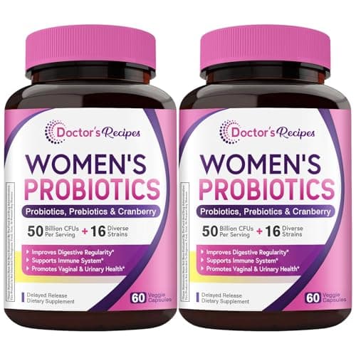 Doctor's Recipes Women's Probiotics, 120 Caps (2 Pack) 50 Billion CFU 16 Strains, with Organic Cranberry, Digestive Immune Vaginal & Urinary Health, Shelf Stable, Delayed Release, No Soy Gluten Dairy