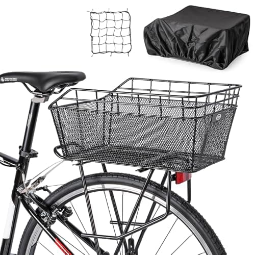 Rear Bike Basket - Large Bicycle Rear Basket with Cargo Net and Waterproof Cover, Wire Bike Baskets Rear Large Capacity (NO Bike Rack Include)