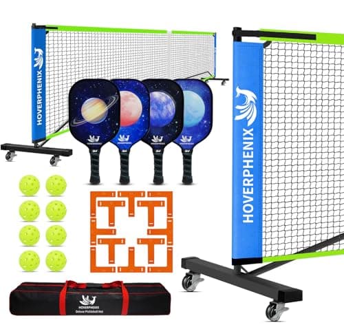 Pickleball Net Set with Wheels, Pickle Ball Net and 4 Fiberglass Paddles
