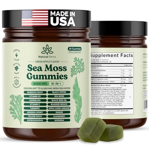 Natural Rems Sea Moss Gummies 16-in-1 - Ashwagandha Black Seed Oil Bladder Wrack Turmeric Vitamin C & D3 with Manuka Burdock Root Dandelion Yellow Dock Elderberry Apple Cider Vinegar (Green Apple)