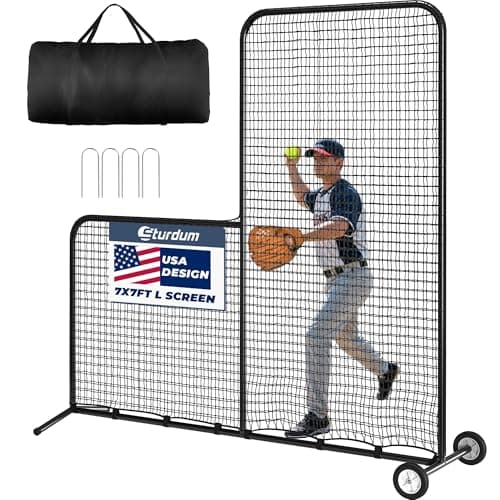 Sturdum Baseball L Screen with Wheels for Batting Cage, 7x7ft Pitcher Protector Net for Pitchers Protection, Includes Portable Carry Bag, 4 Ground Stakes