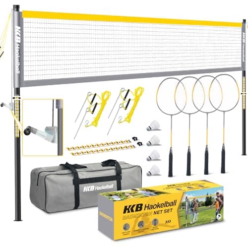 Haokelball Professional Badminton Set for Backyard & Outdoor, Heavy Duty Badminton Net with Anti-Sag Design, Premium Carbon Fiber Rackets Set of 4, Shuttlecocks, Portable Carry Bag, Gift Box Included
