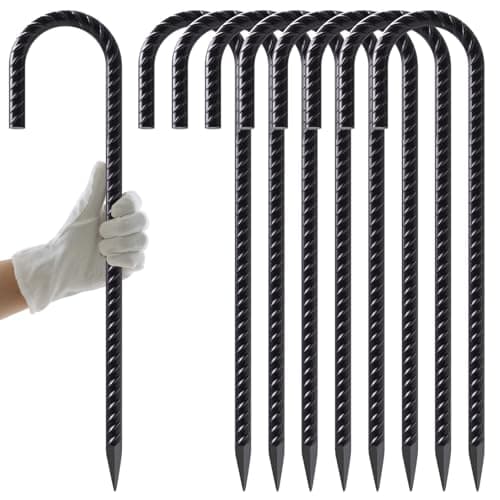 AAGUT Rebar Stakes 16 Inch J Hook Heavy Duty 8 Pack, 5/16 Inch Black Coated Metal Steel Ground Anchors Chain Link Fence Stakes for Camping Tent, Inflatables, Yard Decorations, Canopies & Swing Sets