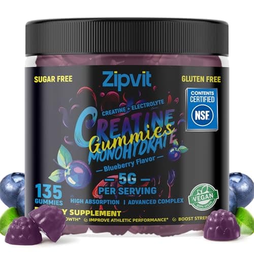 zipvit Creatine Monohydrate Gummies (5g) – Pre-Workout Energy & Muscle Growth Support for Men & Women | Blueberry Electrolyte Gummies (135 Count)