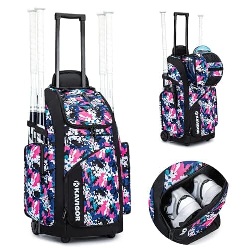 KAVIGOR Rolling Baseball Bag with Wheels for Youth, 60L Capacity Softball Equipment Bag Holds 4 Bats with Shoe Compartment for Boys & Girls
