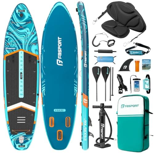 FBSPORT 11'6" Premium Stand Up Paddle Board, Yoga Board with SUP Accessories & Carry Bag | Wide Stance, Surf Control, Non-Slip Deck, Leash, Paddle and Pump for Youth & Adult(Blue Orange)