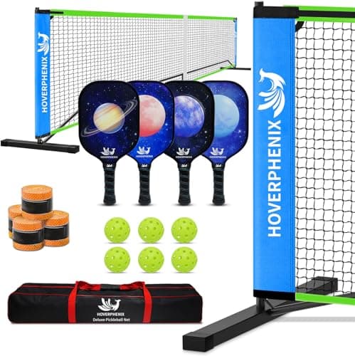 Pickleball Net Set for Driveway, Full Size Net with 4 Fiberglass Paddles