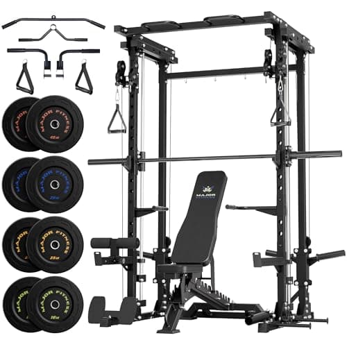 Major Fitness Drone3 Smith Machine with Weight Bench & 230lb Plates Set, All-in-One Home Gym Squat Rack with Cable Crossover & Pull-Up Station, Heavy-Duty Strength Training, Black