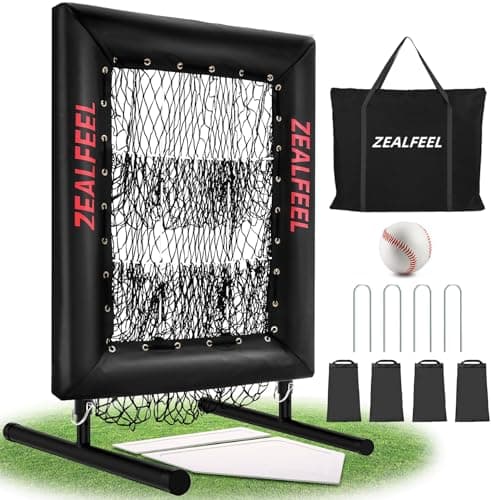 ZEALFEEL Baseball Pitching Net Pro, 9 Hole Pitching Target with Strike Zone Target, 5 Height Adjustable, Portable Easy Setup Trainer Net for Baseball & Softball with Ball, Home Plate & Pitching Rubber