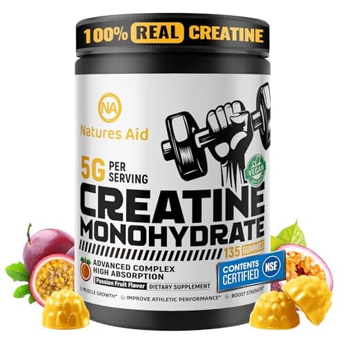 Natures Aid Creatine Monohydrate Gummies – Pre-Workout Energy & Muscle Growth Support for Men & Women | Passion Fruit Electrolyte Gummies (135 Count)