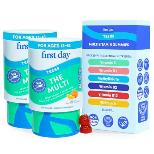 FIRST DAY Vitamins for Teens - Teen Multi Vitamins for Girls & Boys 12-17, Organic Fruit & Veggie Blend - 12 Key Nutrients: Vitamins A, B1, B2, B6, B9, B12, C, D3, E, K2-60 Day Supply