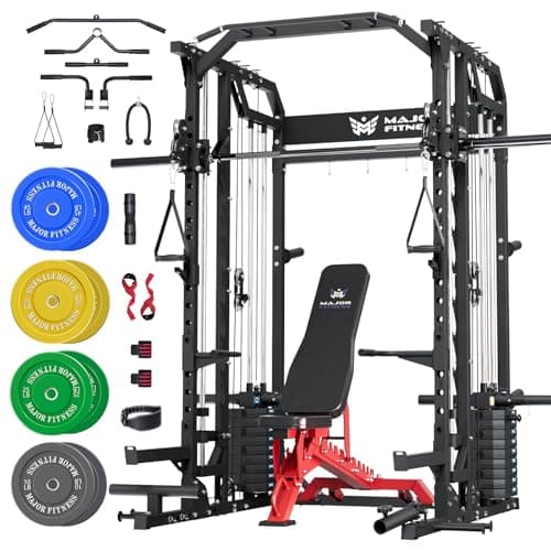 Major Fitness Drone2 Premium Smith△ Machine, All-in-One Home Gym Squat Rack with Aluminum Pulley Set, Weight Bar (BK D2AW Package(with Red Bench+230lb))
