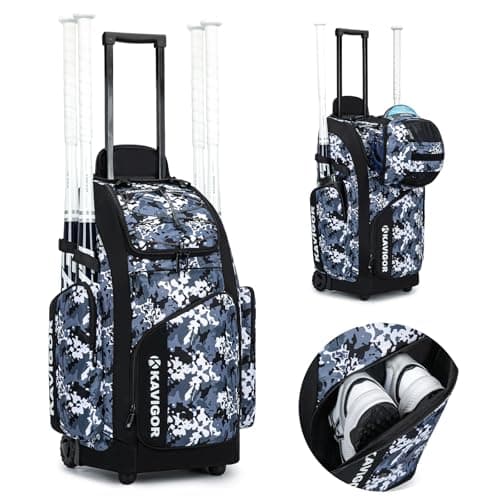 KAVIGOR Rolling Baseball Bag with Wheels for Youth, 60L Capacity Softball Equipment Bag Holds 4 Bats with Shoe Compartment for Boys & Girls