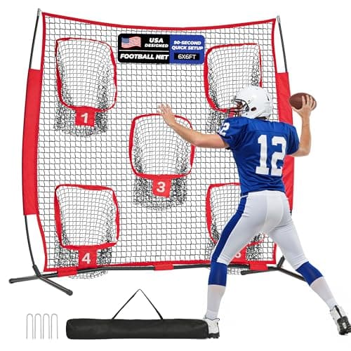 Football Throwing Net, 6x6ft Football Nets for Throwing with 5 Target Pockets, Football Throwing Target for Quarterback, Football Training Equipment with Portable Carry Bag