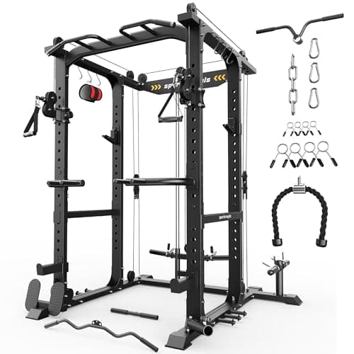 SPORTSROYALS Power Rack, Multi-Functional Power Cage, 1600lbs Squat Rack with Pulley System & LAT Pull Down, Workout Cage with J Hooks
