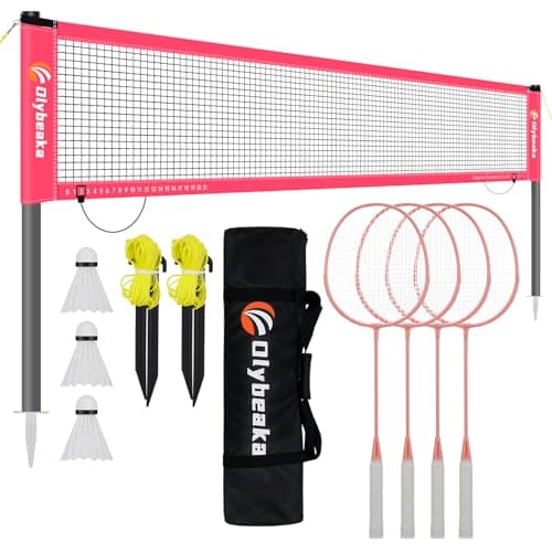 Olybeaka Outdoor Baminton Net Set for Backyard, Beach, Family Games with 20 * 3ft Anti-sag Net, 4 Aluminum Badminton Rackets, 3 Shuttlecocks, Carring Bag - Easy Set Up & Portable