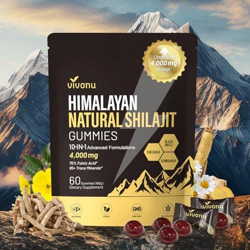 Himalayan Shilajit Gummies with Ashwagandha & Gokshura | 85+ Trace Minerals & Fulvic Acid | Organic, Non-GMO Micronutrient Supplement for Men & Women | 100% Pure & Natural (4000MG /1 Bag)