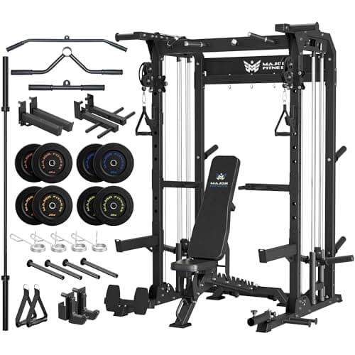 Major Fitness F22 Power Rack with Weight Bench, Barbell & 230LB BK Weight Plates, 1600lbs Heavy-Duty All-in-One Squat Rack with Cable Crossover, Dual Pulley System & Attachments for Home Gym, Black