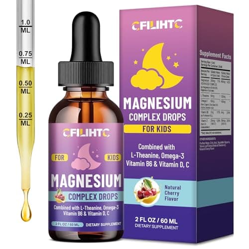 Kids Magnesium Liquid Drops-Magnesium Glycinate Liquid for Kids Supplement-w/L-theanine, Omega-3, Vitamin B6, D3 - for Sleep, Relaxation, Brain, Bones - Cherry Flavor, 2 Fl Oz