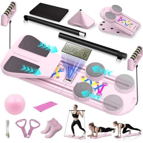 Pilates Board, Foldable Pilates Reformer Set for Home Workout with Timer, 6-in-1 Multifunctional Reformer Pilates Machine at Home Pilates Equipment for Fitness, Exercise, Abs, Core Training,Pink