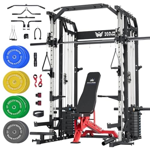 Major Fitness Drone2 Advanced Training Smith Machines– All-in-One Home Gym Squat Rack with Aluminum Pulley Set , Weight Bar, Dual LAT Pull-Down Systems (SL D2AW Package(with Red Bench+230lb))