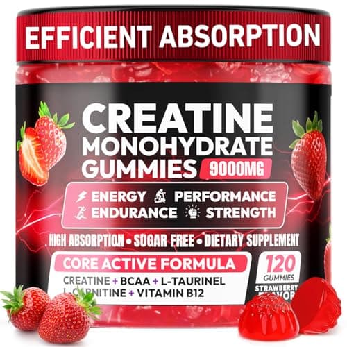 Creatine Gummies Monohydrate Complex 9000MG, Chewable Creatine Monohydrate Gummies for Men & Women with L-Taurine, BCAA 2:1, B12/6, Building Muscle Strength and Boost Focus, 30 Days Supply