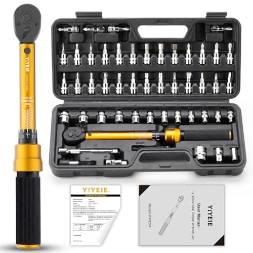 YIYEIE 50Pcs Master Bike Torque Wrench Set, 1/4 Inch Drive, 10-230 IN.LB (1-26.0 Nm), Inch Pound Click Torque Wrench with Bit Sockets, 0.1 Nm Micro, 3/8 Adapter, Pro Bicycle Tool Kit for MTB