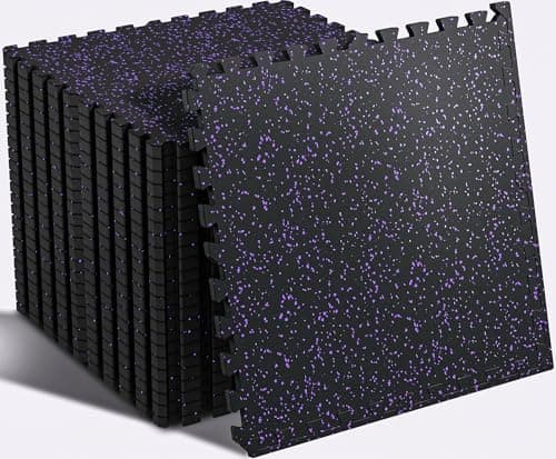 SUPERJARE 0.56'' Thick 12 Pcs 48 Sq Ft Rubber Top Exercise Equipment Mats, High Density EVA Foam Mats with Rubber Top, Interlocking Gym Flooring for Home Gym, Protective Workout Mat, Black/Purple