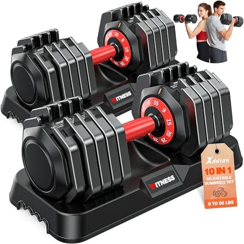XDDIAS Adjustable Dumbbell Set of 2, 25/55/80LB Dumbbell Set-Fast Adjust Weights Set, 5/10/16 in 1 Free Weights Dumbbells Set with Anti-Slip Metal Handle, Compact Size for Men/Women Home Gym Equipment (10-Gears-55LB)