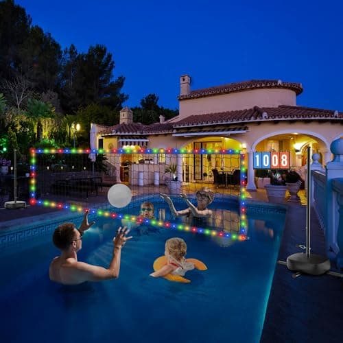 Oswerpon Pool Volleyball Net Set with Battery-Powered LED Lights, No Solar Needed, Adjustable 15-32FT Width & 4-7.5FT Height, Inground Pool Game Set with Scoreboard, 2 Balls, Pump & Storage Bag
