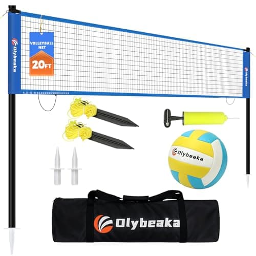20FT Outdoor Volleyball Net Set System for Backyard Beach with Anti-Sagging Net, Iron Adjustable Height Poles, Soft PU Volleyball and Pump, Carry Bag - Instant Set Up & Durable (Blue)