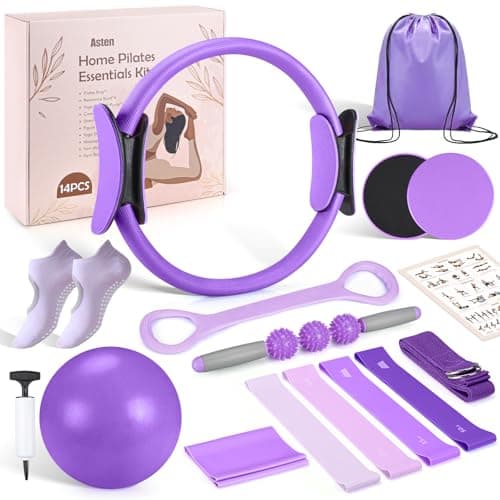 Home Pilates Kit for Women: Pilates Equipment Pilates Ring and Ball Set with Resistance Bands, Sliders, Foam Roller, Pilates Essentials Kit for Beginners Home Workout, Compact Toning Fitness, Purple