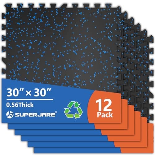 SUPERJARE 30" x 30" Larger Rubber Top Exercise Equipment Mats, 0.56" Thick 12PCS 75 Sq Ft High-Density EVA Foam Interlocking Gym Flooring, Big Workout Mat for Home Gym, Floor Protection, Black/Blue