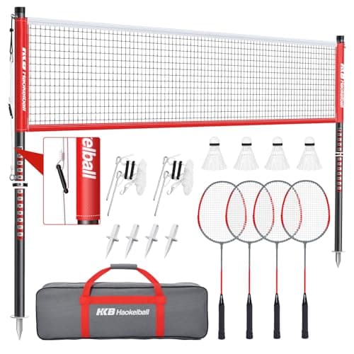 Haokelball Outdoor Badminton Net Set with Anti-Sag Winch System - 20ft Badminton Net, 4 Rackets, 3 Shuttlecocks & Carry Bag, Badminton Set for Backyard, Grass, Beach, Holiday Games