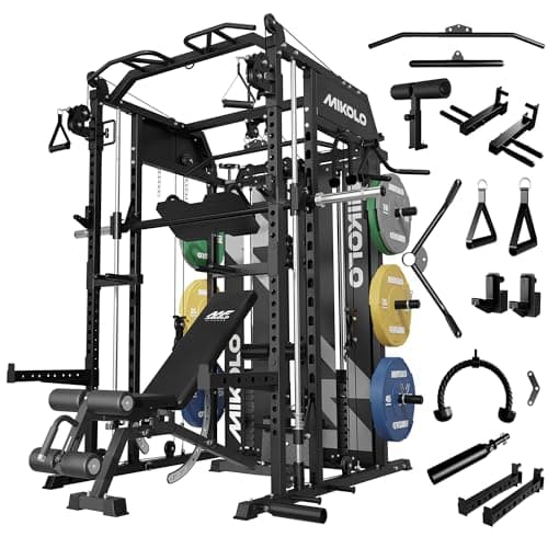 Mikolo Smith Machine with Weight Stack, Power Cage Home Gym System with LAT Pulldown & Cable Crossover, Multi-Functional Trainer with Dual Pulley System, Color Plate 230lbs
