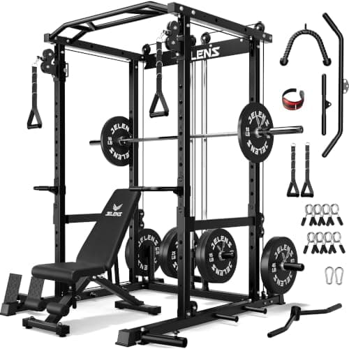 JELENS C12 Squat Rack for Home Gym, 2000LBS Power Rack with Adjustable Pulley System, Power Cage Workout Equipment with LAT Pulldown and Training Attachment (Black, 190LBS Black Weights Package)