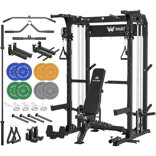 MAJOR FITNESS F22 Power Rack with Weight Bench, Barbell & 230lbs Weight Plates, 1600lbs Heavy-Duty All-in-One Squat Rack with Cable Crossover, Dual Pulley System & Attachments for Home Gym, Black