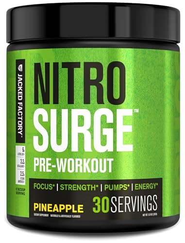 Jacked Factory NITROSURGE Pre Workout Supplement - Endless Energy, Instant Strength Gains, Clear Focus, Intense Pumps - NO Booster & Powerful Preworkout Energy Powder - 30 Servings, Pineapple