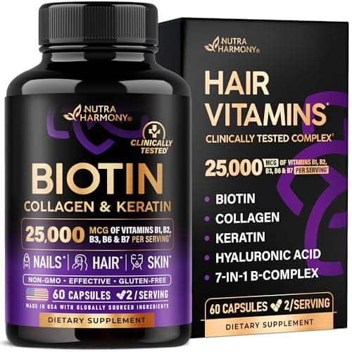Biotin | Collagen | Hyaluronic Acid | Keratin - Support Normal Hair Growth Cycle, Skin & Nails - Clinically Tested - 25000mcg Vitamins B1, B2, B3, B6 & B7 - for Women & Men - Made in USA | 60 Capsules