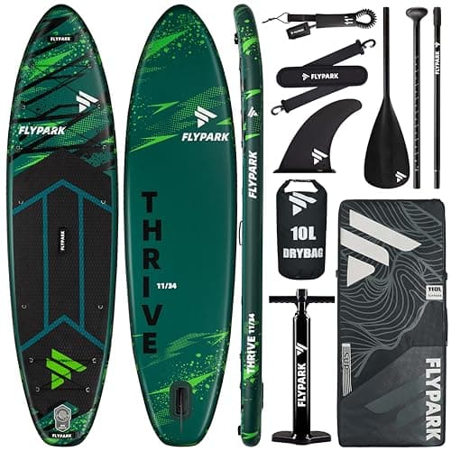 Flypark 11'x34 Inflatable Paddle Boards, Extra Wide SUP for 420lbs/3Adults, Yoga Stand Up Paddle Board, 110L Backpack, 15 D-Rings, Shoulder Strap, US-Fin, 2-Action Pump, Thrive-Green