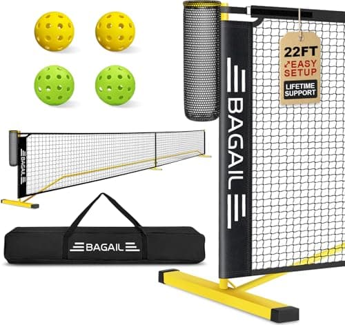 BAGAIL Portable Pickleball Net Set, 22 FT Regulation Size Pickle Ball Net with Ball Collector, Carry Bag, Easy Setup for Outdoor Indoor Driveway - Yellow