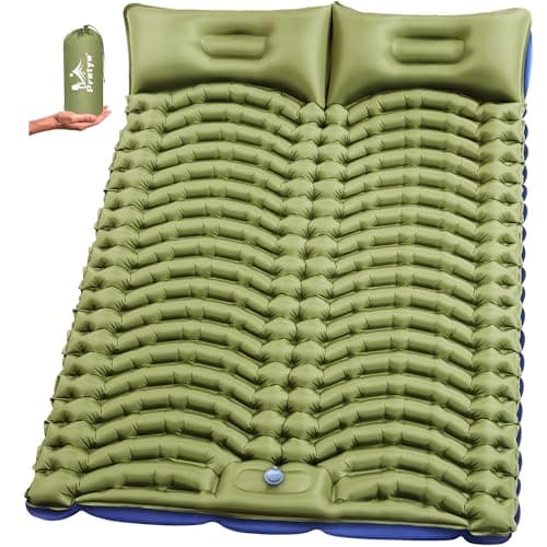 Pretyw Double Sleeping Pad for Camping - Ultralight Camping Mattress with Pillow, Built-in Foot Pump, Compact Inflatable 2-Person Portable Mat for Backpacking, Hiking, Car Traveling, Beach, Tent