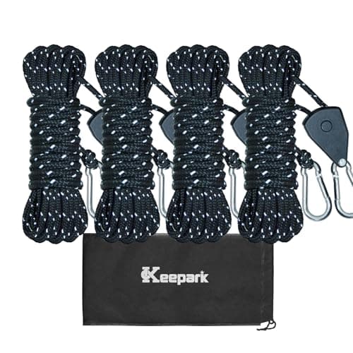 Camping Rope Guy Line - Tie Down Ropes with Ratchet System, Pulley & Reinforced Metal Gear - Heavy Duty Guy Lines for Canopy Tent, Quick Setup Outdoor Strap (1/6" Dia. x 13.12' L, 4PCS, Black)